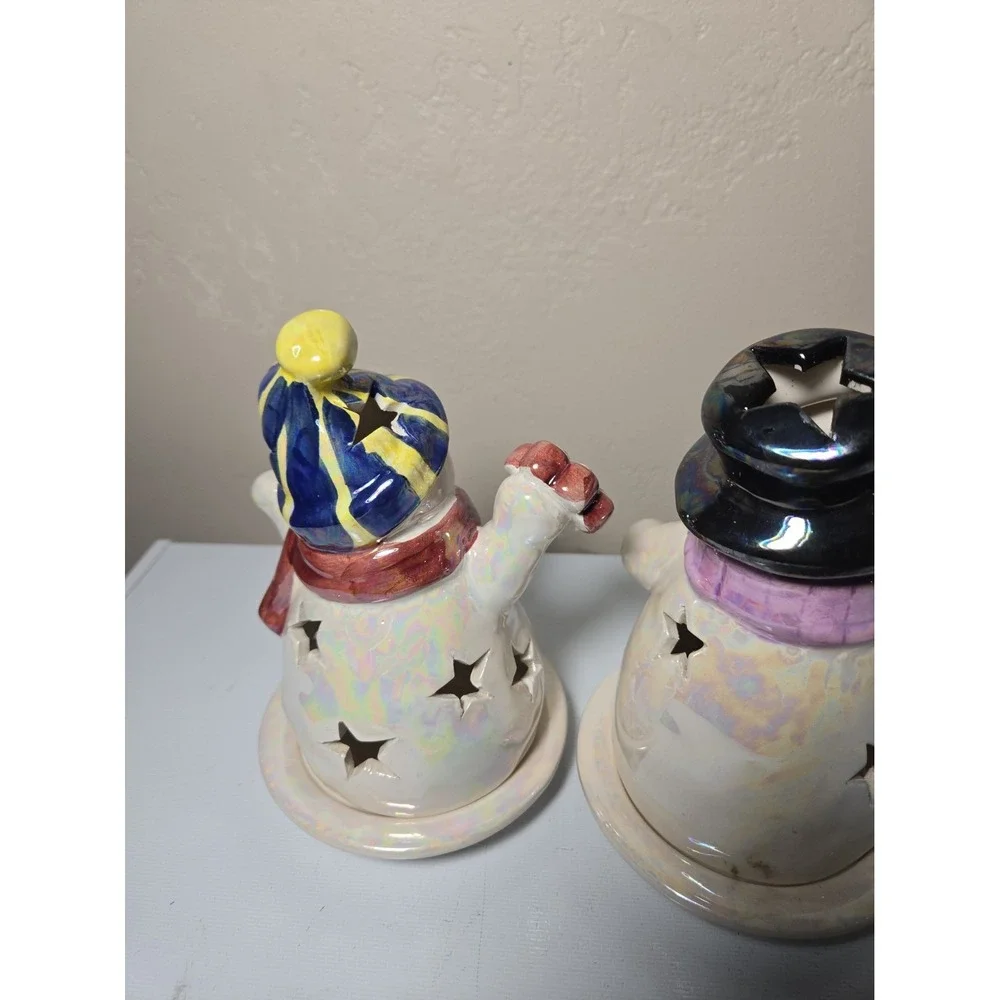 Vintage Ceramic Snowman Tealight Candle Holder Lot of 3 Christmas Holiday Decor